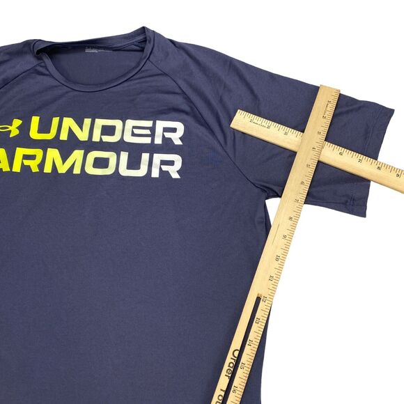 Under armour Tee Shirt Mens Medium Navy Spell Out Logo Short Sleeve Crew Neck - Picture 8 of 15